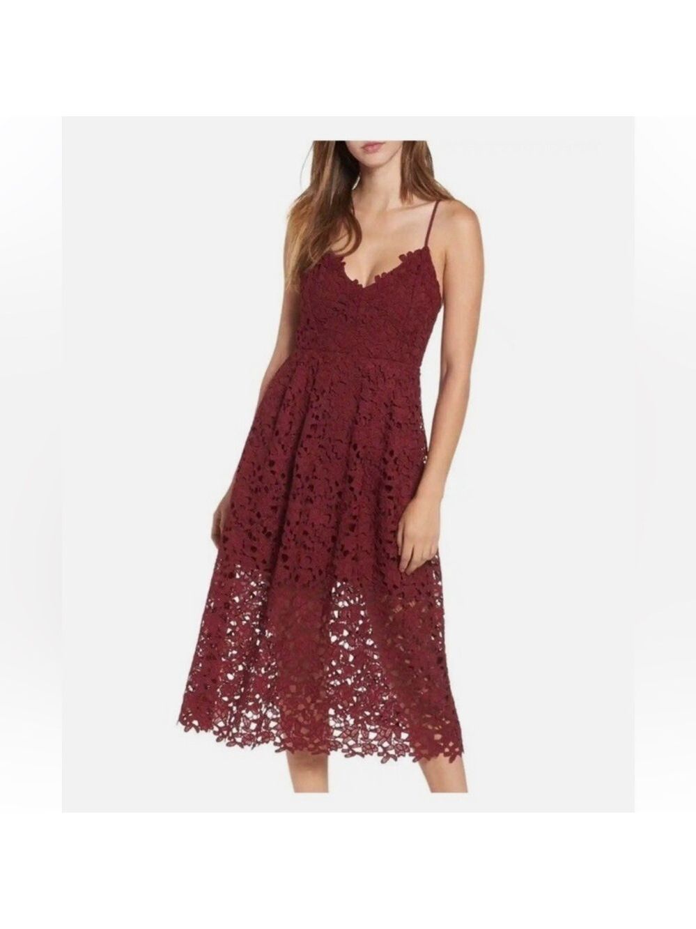 ASTR the Label cranberry lace spaghetti strap tea length dress size S - Picture 2 of 14